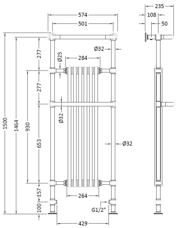 Launde Abbey Brampton Towel Rail Traditional Radiator 1500 x 575mm - Chrome