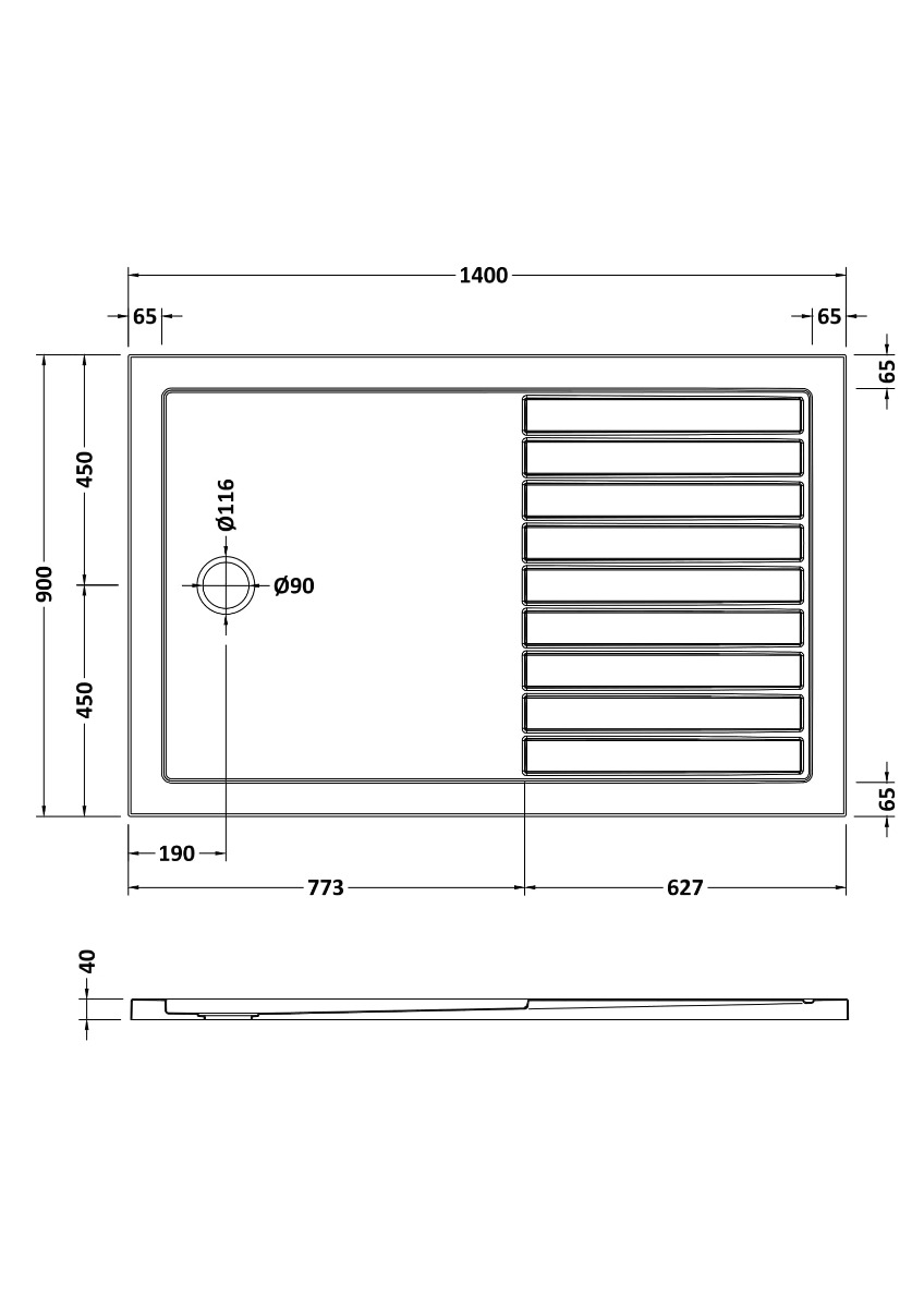 Nuie Slip Resistant Rectangular Walk-In Shower Tray 1400 x 900mm - White - NSR1490 - 800mmx40mmx40mm