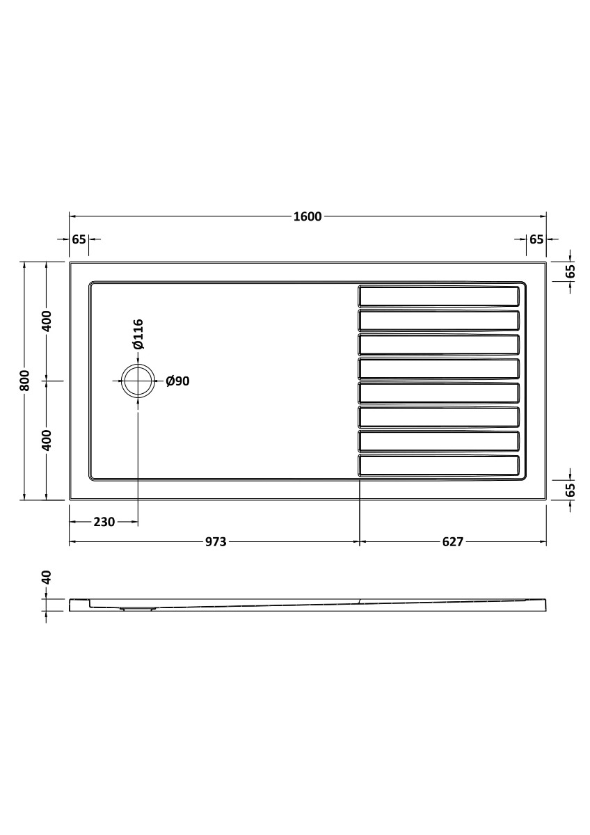 Nuie Slip Resistant Rectangular Walk-In Shower Tray 1600 x 800mm - White - NSR1680 - 800mmx40mmx40mm