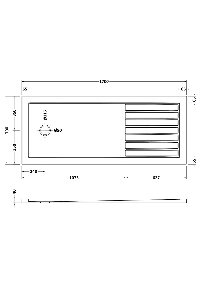 Nuie Slip Resistant Rectangular Walk-In Shower Tray 1700 x 700mm - White - NSR1770 - 800mmx40mmx40mm