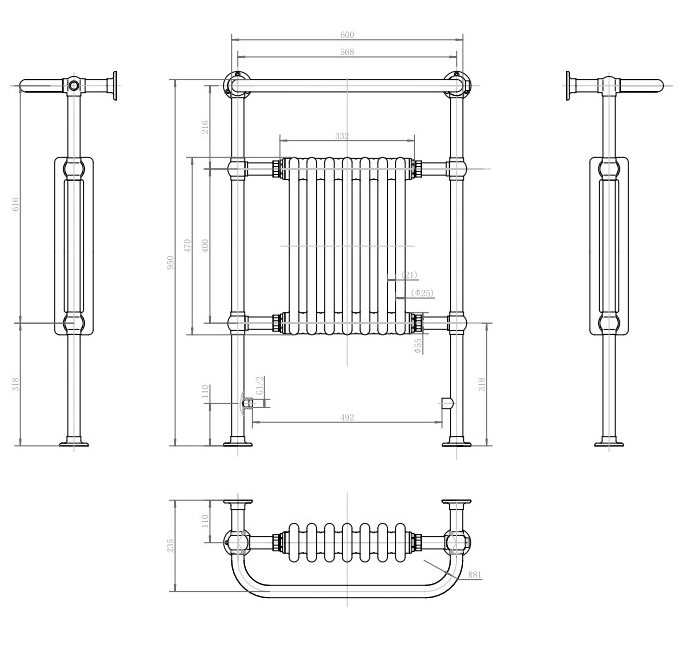 Burlington Trafalgar Wide Radiator Towel Rail 950mm High x 640mm - Brushed Nickel - R1 BNKL