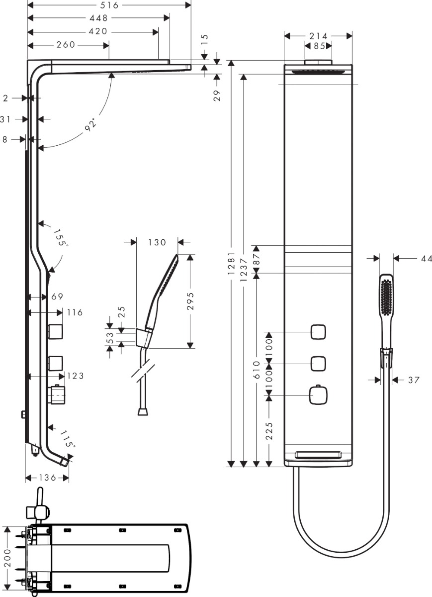 Hansgrohe Raindance Shower Panel Lift 180 2jet For Exposed Installation - White/Chrome - 27008400 - 214mmx1281mmx516mm