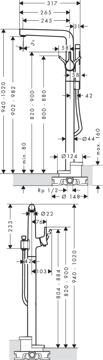 Hansgrohe Talis S Single Lever Bath Mixer Floor Standing - Chrome - 72412000 - 395mm