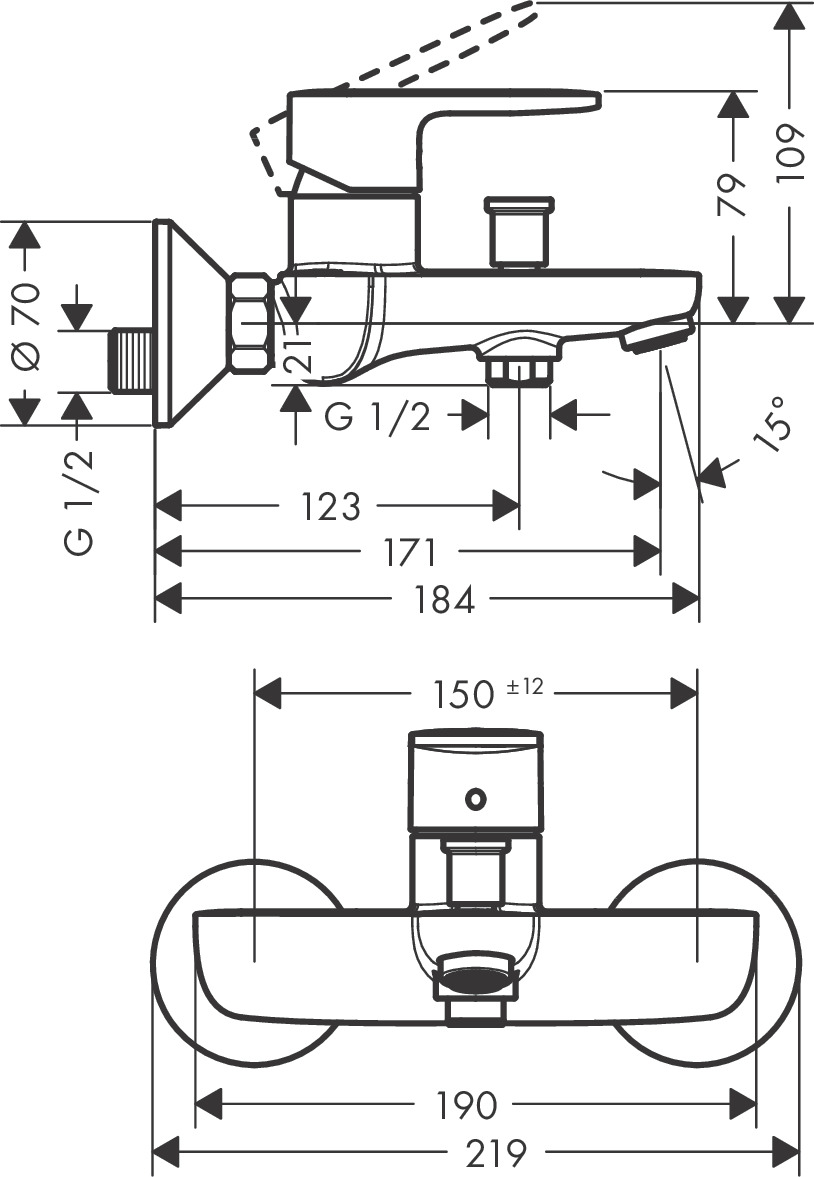 Hansgrohe Vernis Blend Single Lever Bath Mixer For Exposed Installation - Matt Black - 71440670 - 219mmx79mmx184mm