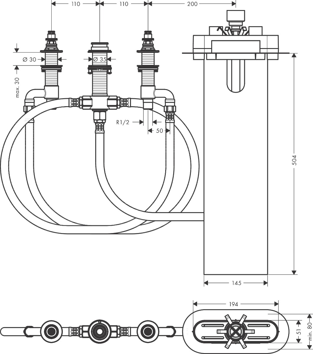 Hansgrohe Basic Set For 4-hole Rim Mounted Bath Mixer - 13440180 - 145mmx504mmx80mm