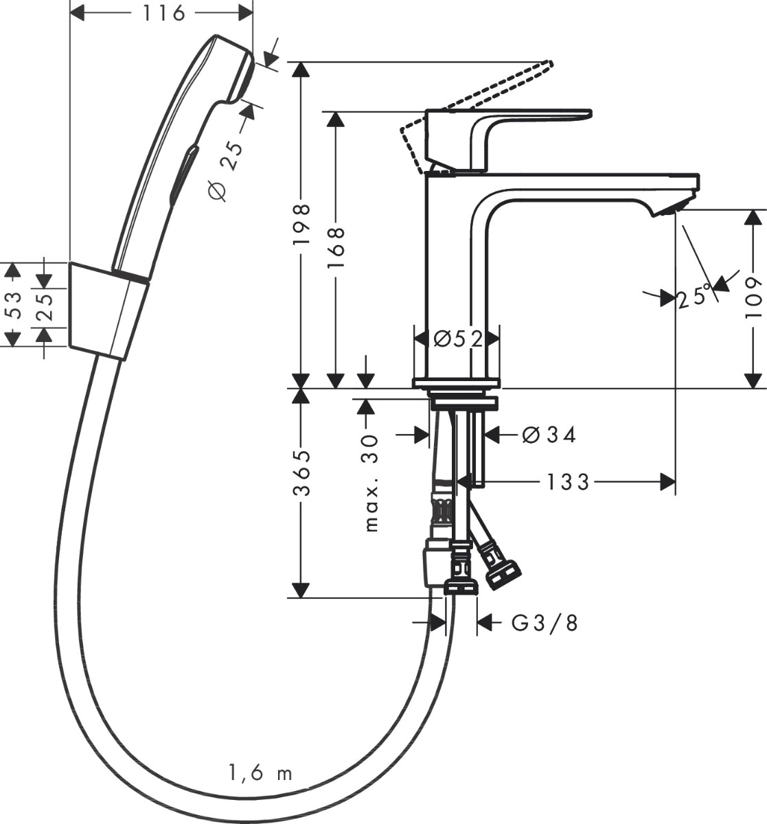 hansgrohe Rebris S Single lever basin mixer 110 with bidette hand shower and shower hose 1600mm without waste set - Matt Black - 72215670
