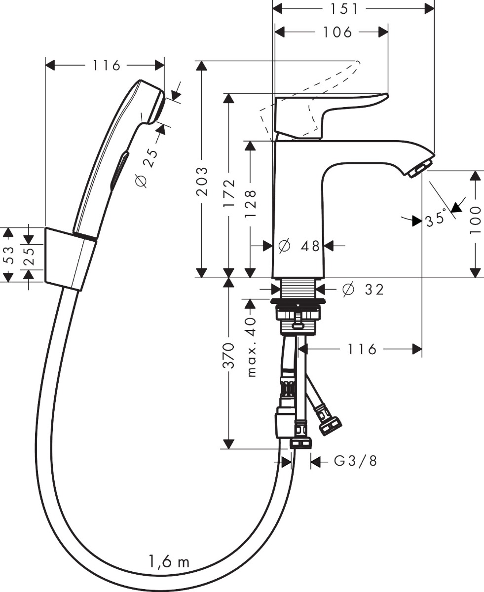Hansgrohe Metris Single Lever Basin Mixer With Bidet Spray And Shower Hose 1600mm - Chrome - 31285000