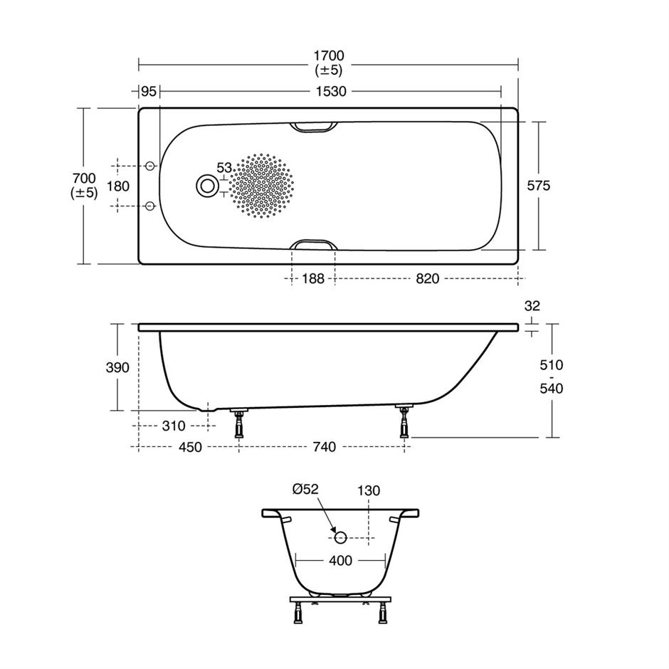 Ideal Standard Anti Slip 2TH Steel Bath 1700mm X 700mm - White - E818801