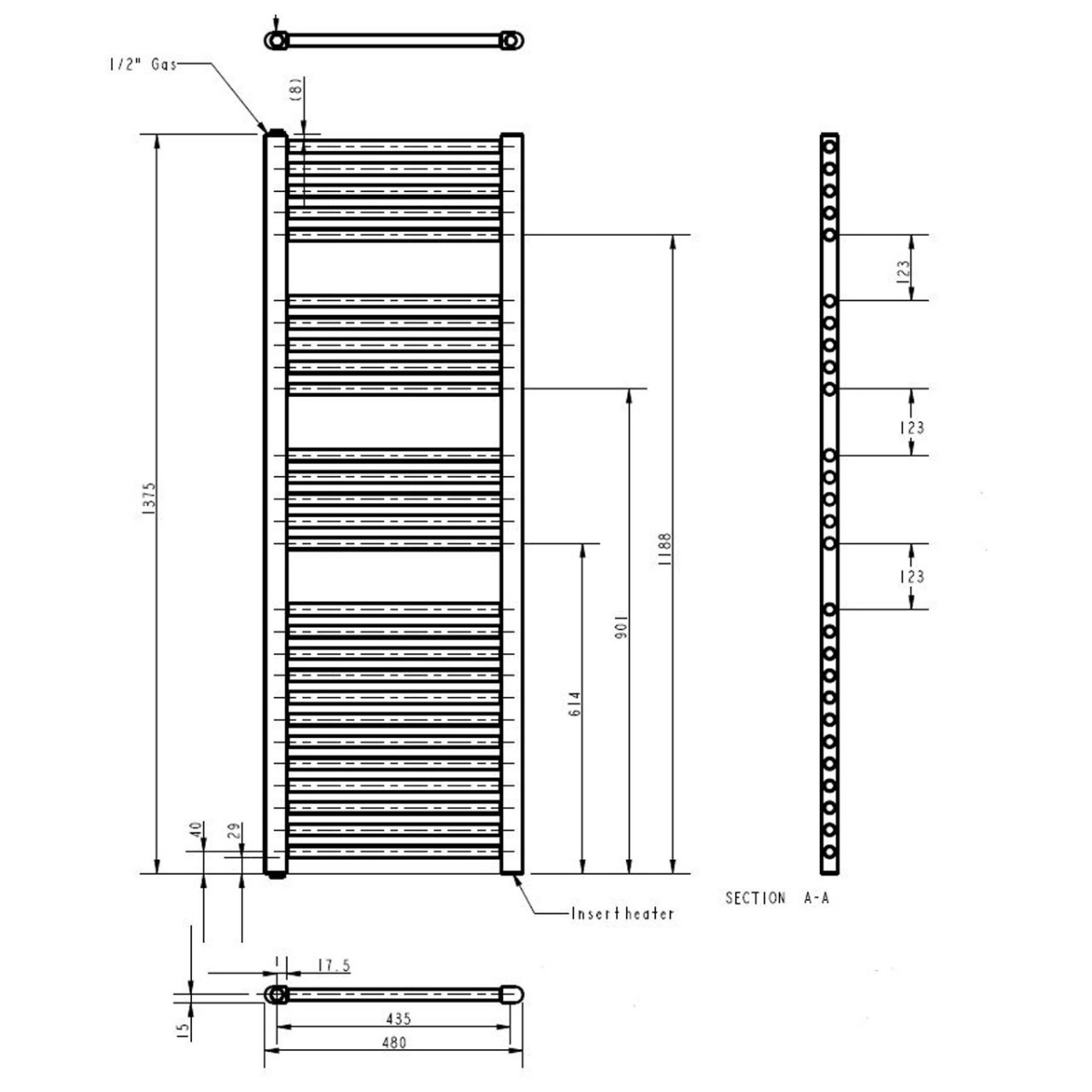 Nuie Heated Electric Towel Rail 1375mm High x 480mm Wide  - White - MTY158 - 480mmx1375mmx30mm