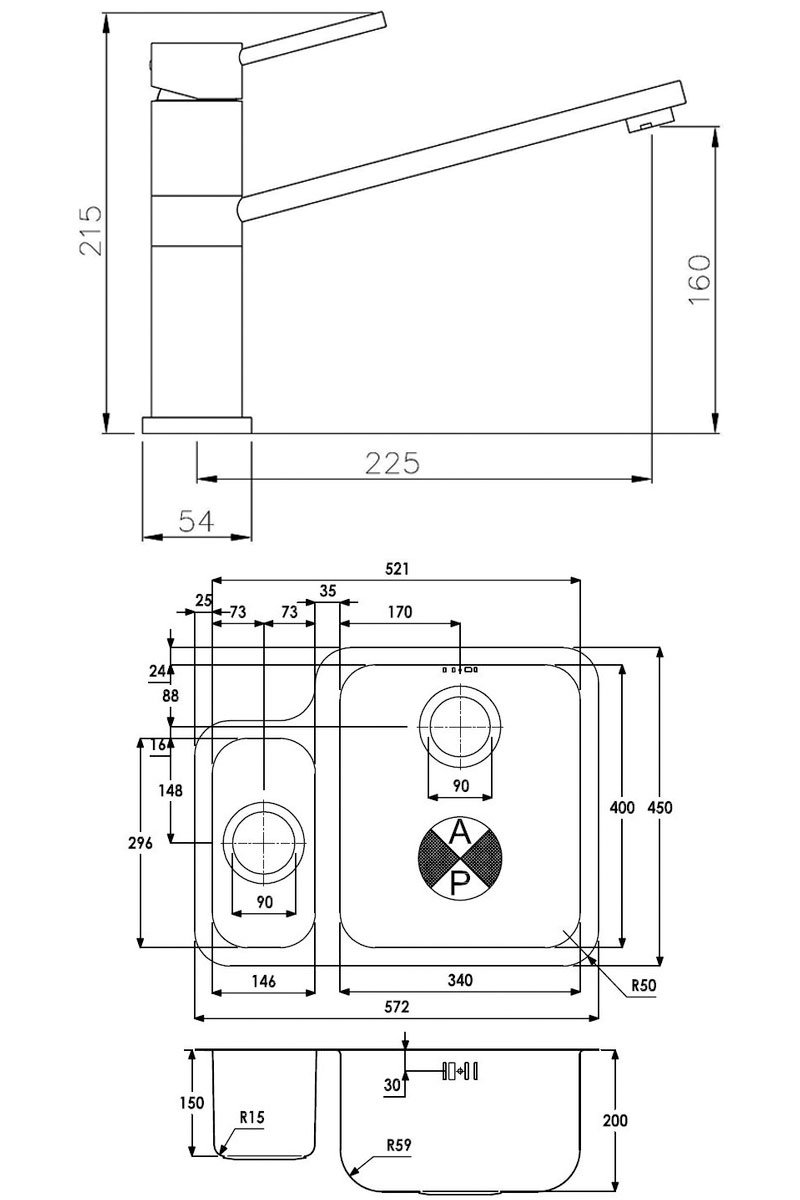Abode Matrix 1.5 RH Stainless Steel Bowl Kitchen Sink with Specto Sink Tap 572mm Length x 450mm Wide - ABDP0036