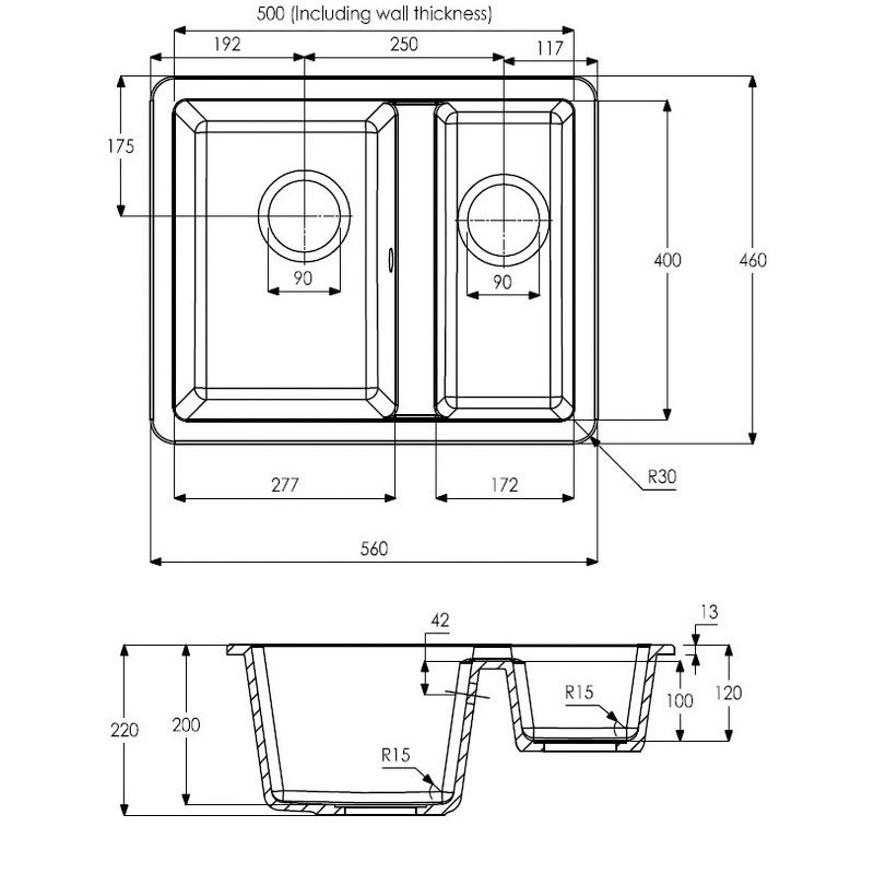 Abode Matrix SQ GR15 1.5 Bowl Granite Grey Metallic Inset Kitchen Sink 560mm Length x 460mm Wide -  AW3135 - 460mmx220mm