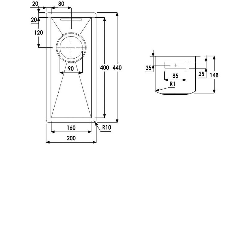 Abode Matrix R0 0.5 Bowl Stainless Steel Undermount Kitchen Sink 200mm Length x 440mm Wide -  AW5007