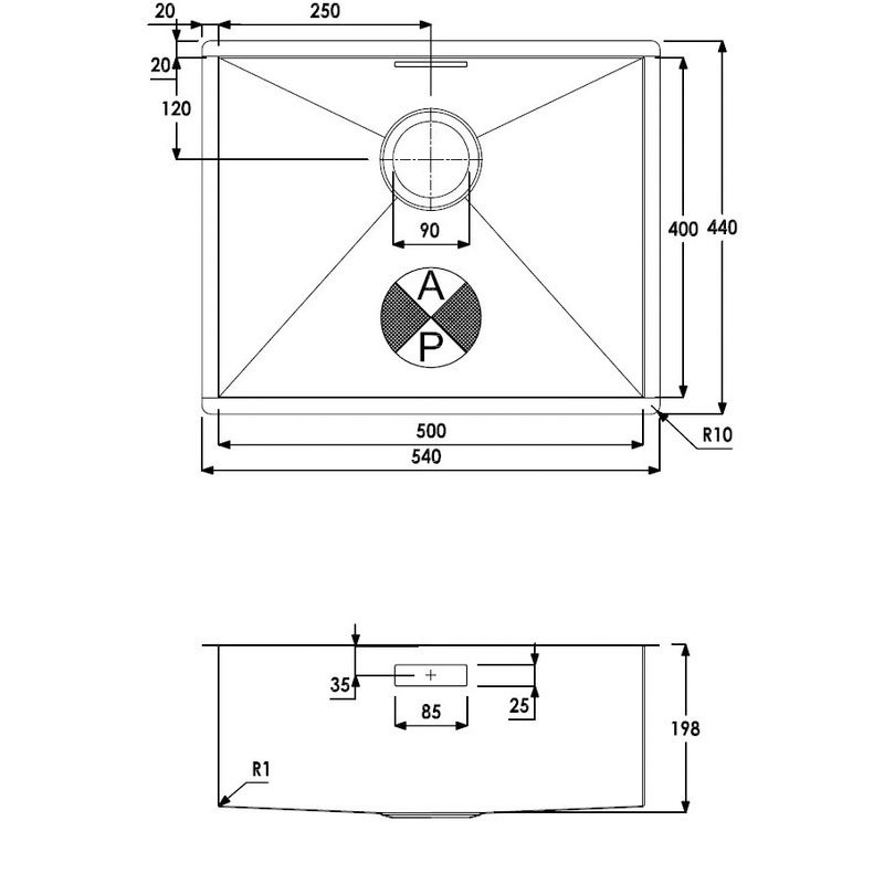 Abode Matrix R0 1.0 Bowl Stainless Steel Undermount Kitchen Sink 540mm Length x 440mm Wide - AW5009 - 440mmx205mm