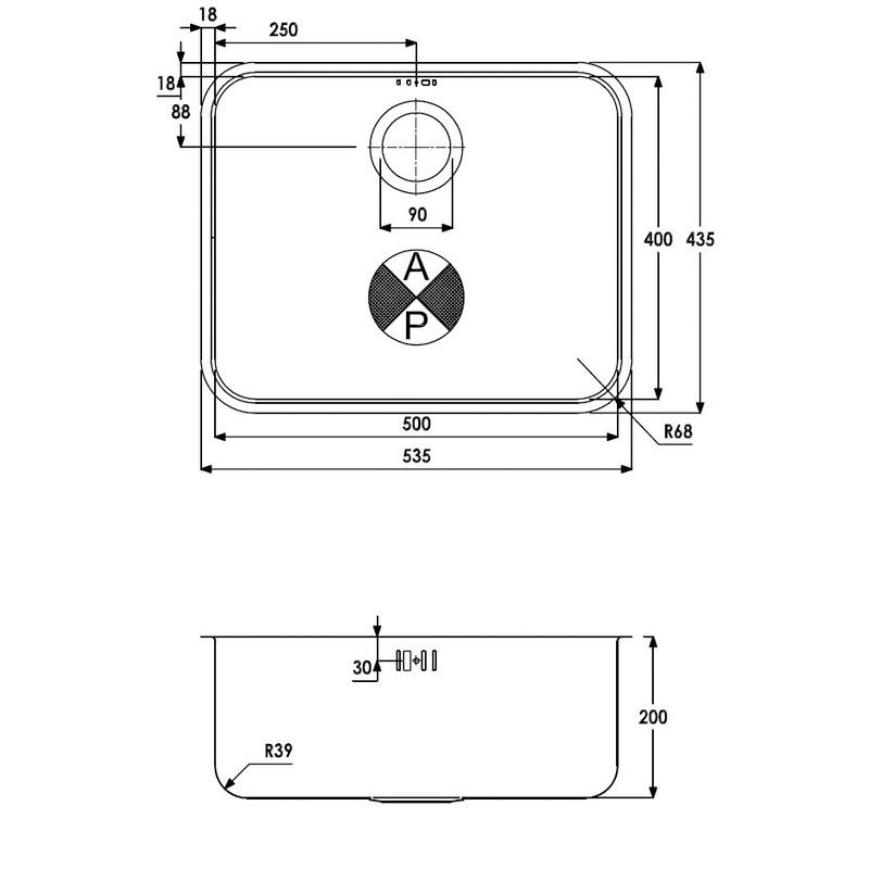 Abode Matrix R50 1.0 Bowl Stainless Steel Undermount Kitchen Sink 535mm Length x 435mm Wide - AW5015 - 435mmx205mm