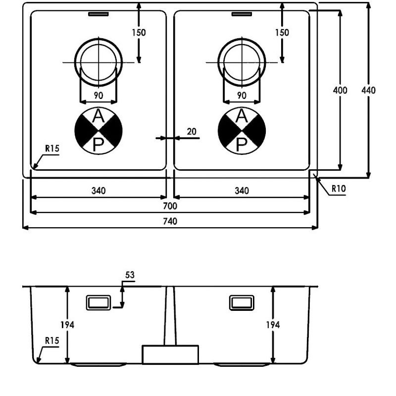 Abode Matrix R15 2.0 Stainless Steel Bowl Undermount Kitchen Sink 740mm Length x 440mm Wide - AW5123