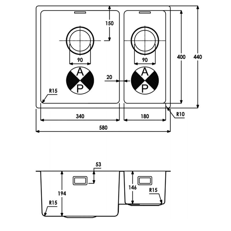 Abode Matrix R15 1.5 Left Handed Bowl Stainless Steel Undermount Kitchen Sink 580mm Lengthx 440mm Wide - AW5124