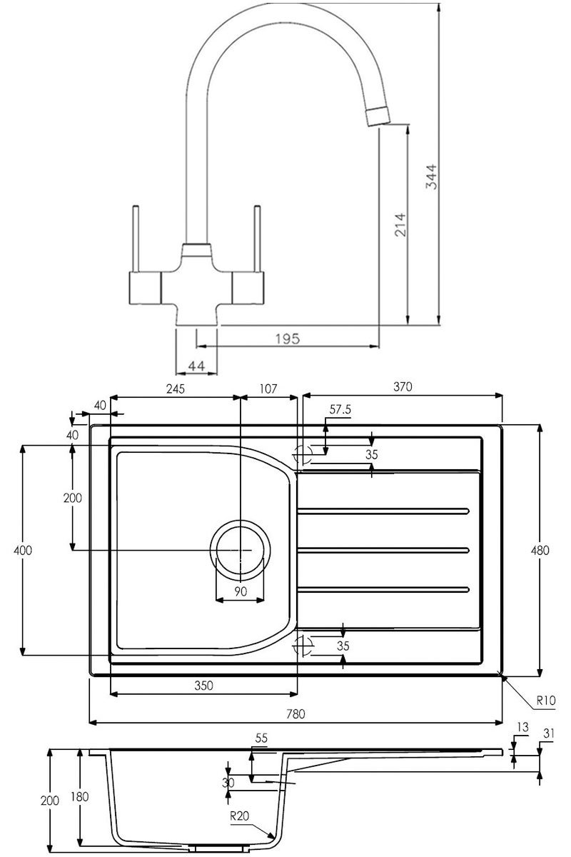 Abode Oriel 1.0 Bowl Black Granite Inset Kitchen Sink with Nexa Sink Tap 780mm Length x 480mm Wide - ABDP0025