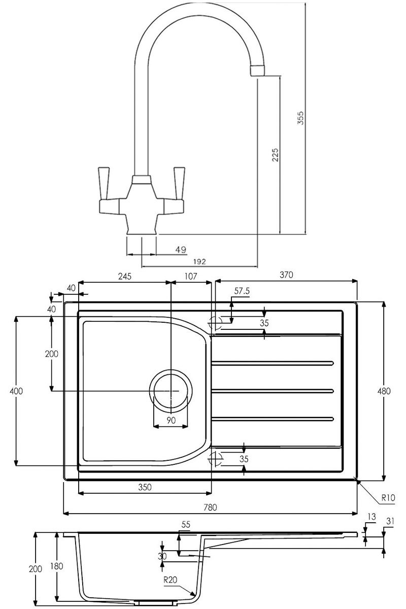 Abode Oriel 1.0 Bowl Granite Black Inset Kitchen Sink with Astral Sink Tap 780mm Length x 480mm Wide -ABDP0026