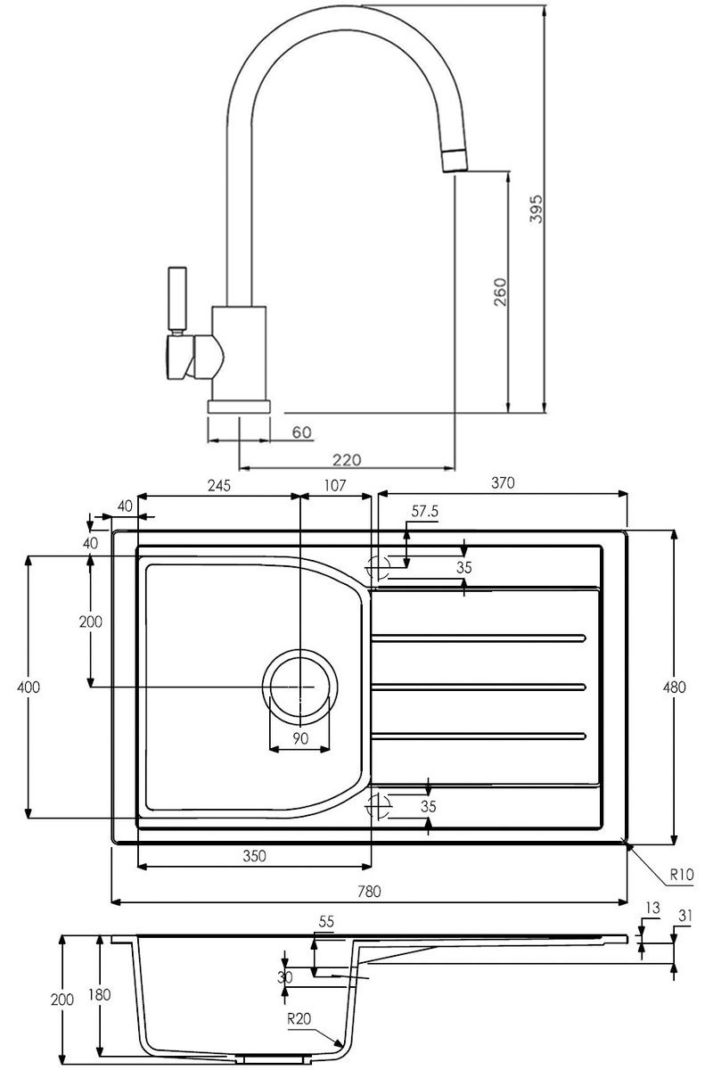 Abode Oriel 1.0 Bowl Black Granite Inset Kitchen Sink with Atlas Sink Tap 780mm Length x 480mm Wide - ABDP0027