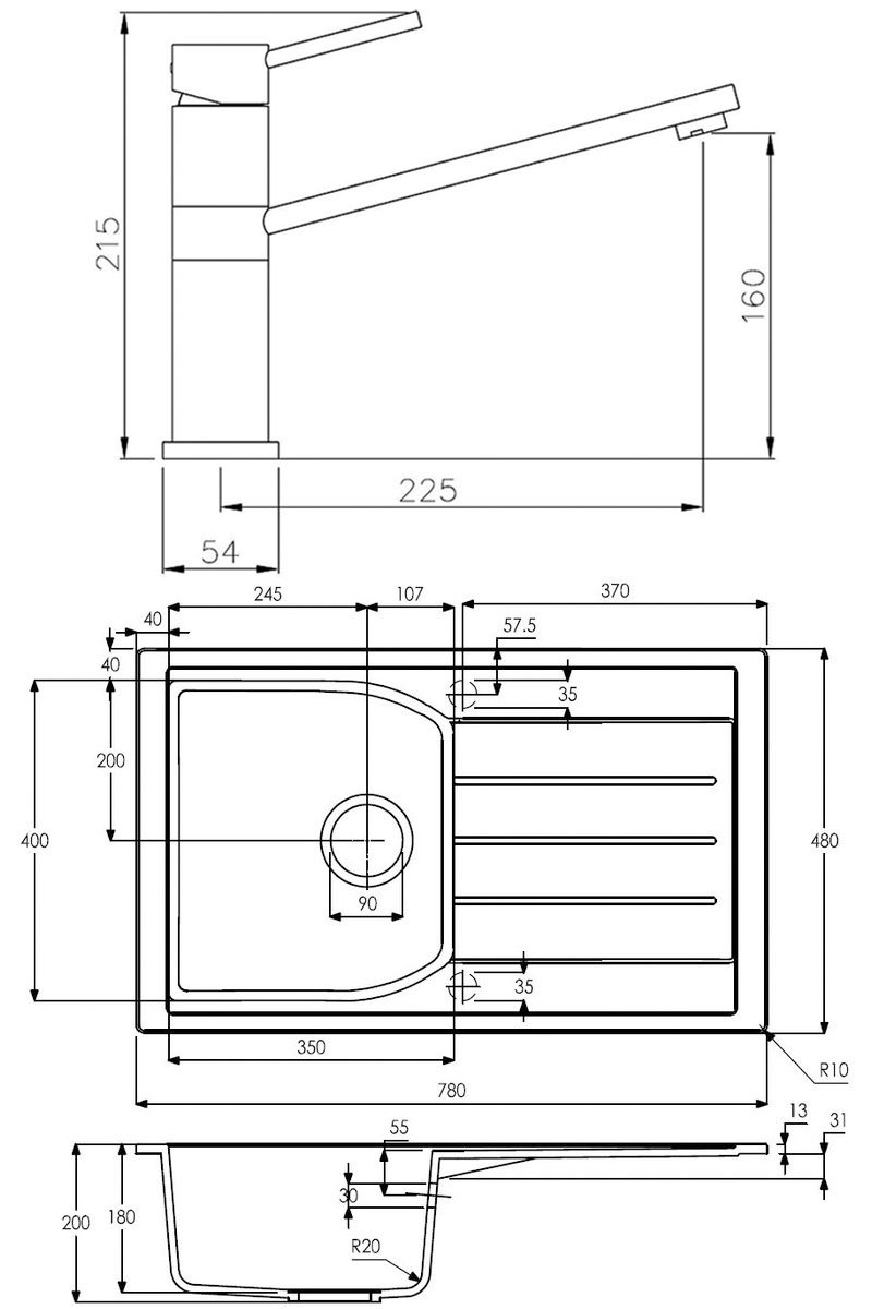 Abode Oriel 1.0 Bowl Black Granite Inset Kitchen Sink with Specto Sink Tap 780mm Length x 480mm Wide - ABDP0028