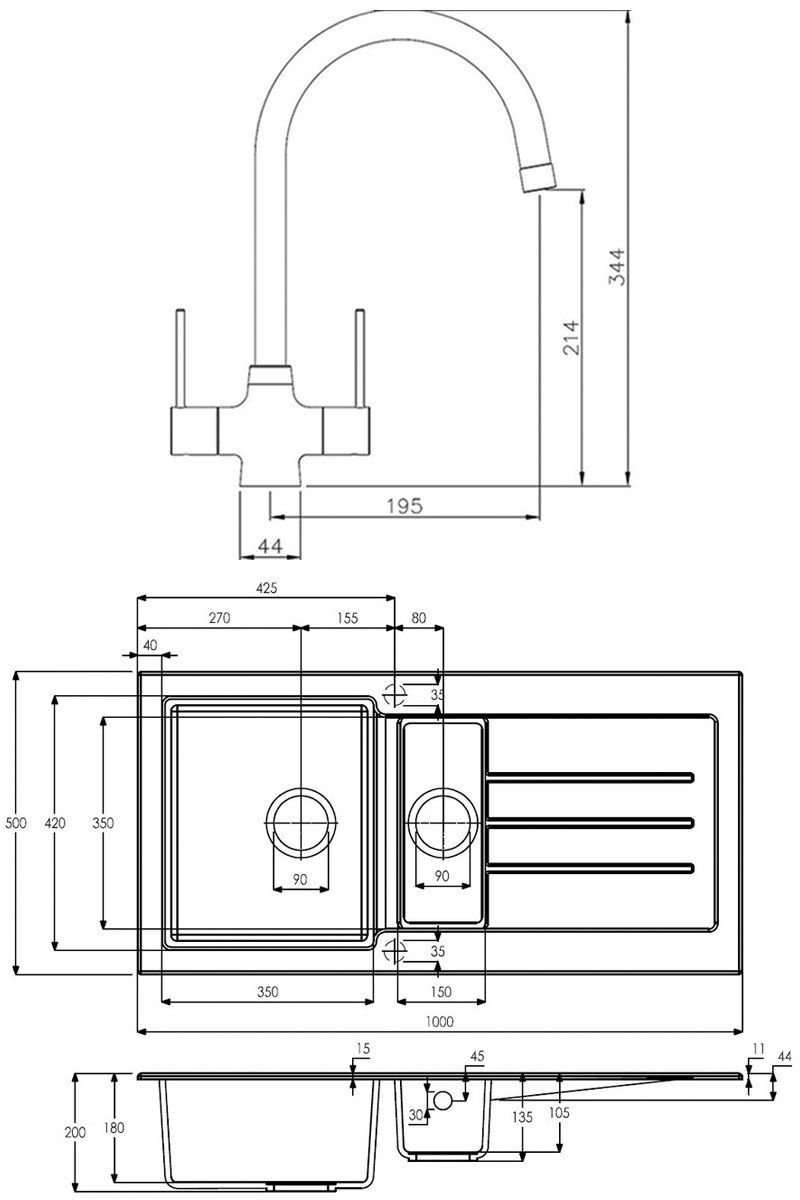 Abode Xcite 1.5 Bowl Black Metallic Granite Kitchen Sink with Nexa Sink Tap 1000mm Length x 500mm Wide - ABDP0021
