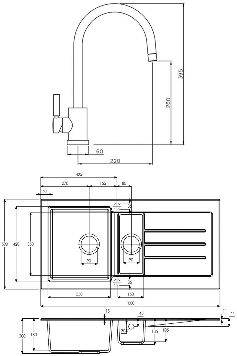 Abode Xcite 1.5 Bowl Black Metallic Granite Kitchen Sink with Atlas Sink Tap 1000mm Length x 500mm Wide - ABDP0023