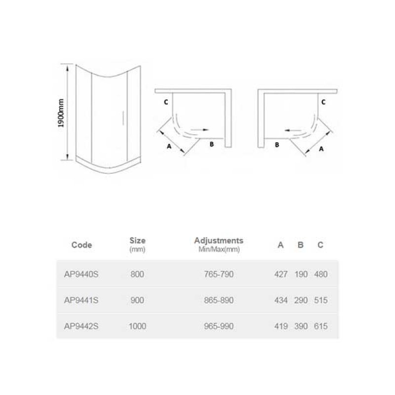 April Identiti Modern Single 8mm Glass Quadrant Shower Enclosure 800mm x 800mm - Clear - AP9440S