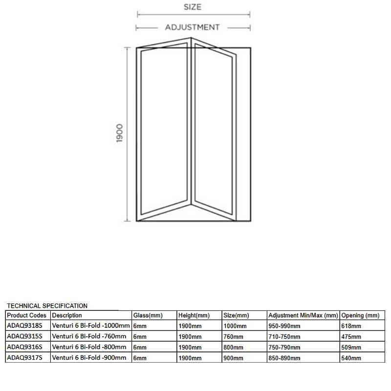 Aquadart 6mm Glass Venturi 6 Bi-Fold 900mm Wide Shower Door - Clear - AQ9317S