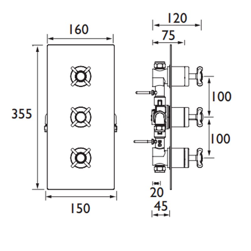 Bristan 1901 Recessed Integral Twin Stopcocks Thermostatic Dual Control Shower Valve - Chrome - N2 SHC3STP C - 165mmx355mmx124mm
