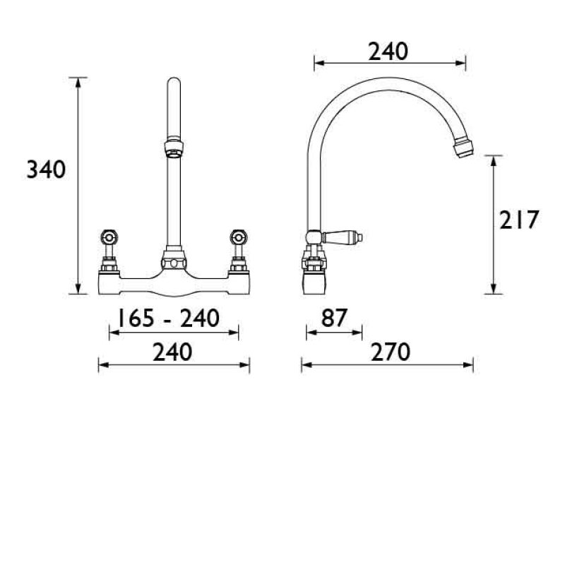 Bristan Renaissance Dual Handle Bridge Kitchen Sink Mixer Tap - Brushed Nickel - RS DSM BN - 240mmx340mmx270mm