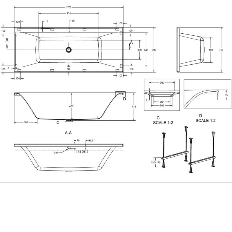 Cleargreen Double Ended Enviro Rectangular Bath 1700mm Length x 700mm Wide  - White - R1