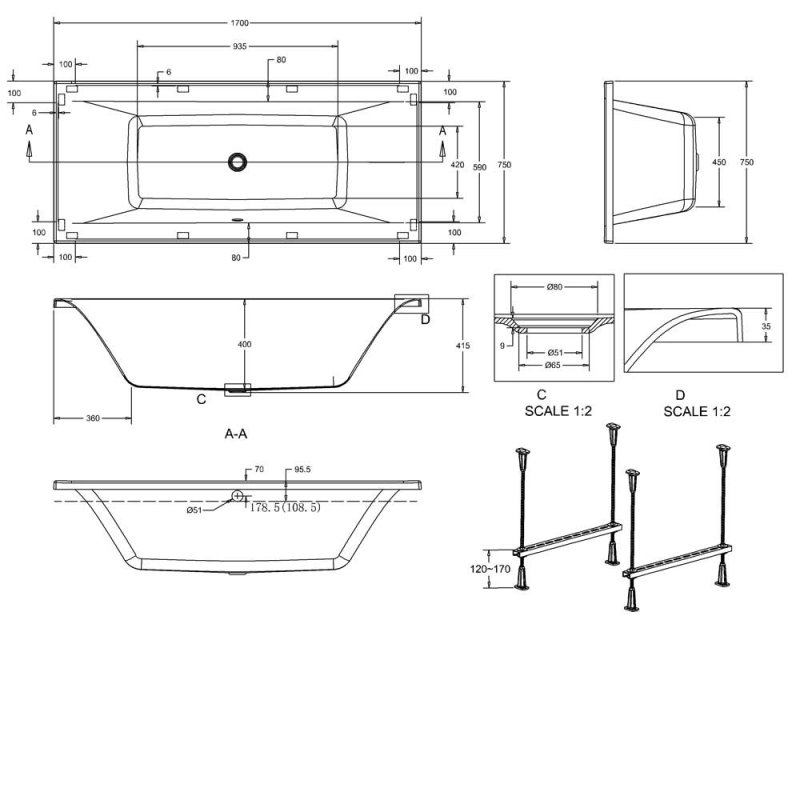 Cleargreen Double Ended Enviro Rectangular Bath 1700mm Length x 750mm Wide  - White - R2