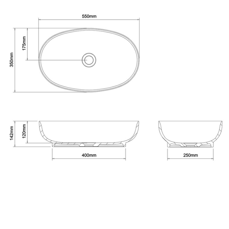 Clearwater 0 Tap Hole Puro Clear Stone Sit-On Countertop Basin 550mm Wide - Gloss White - B13ECS - 550mmx142mmx350mm