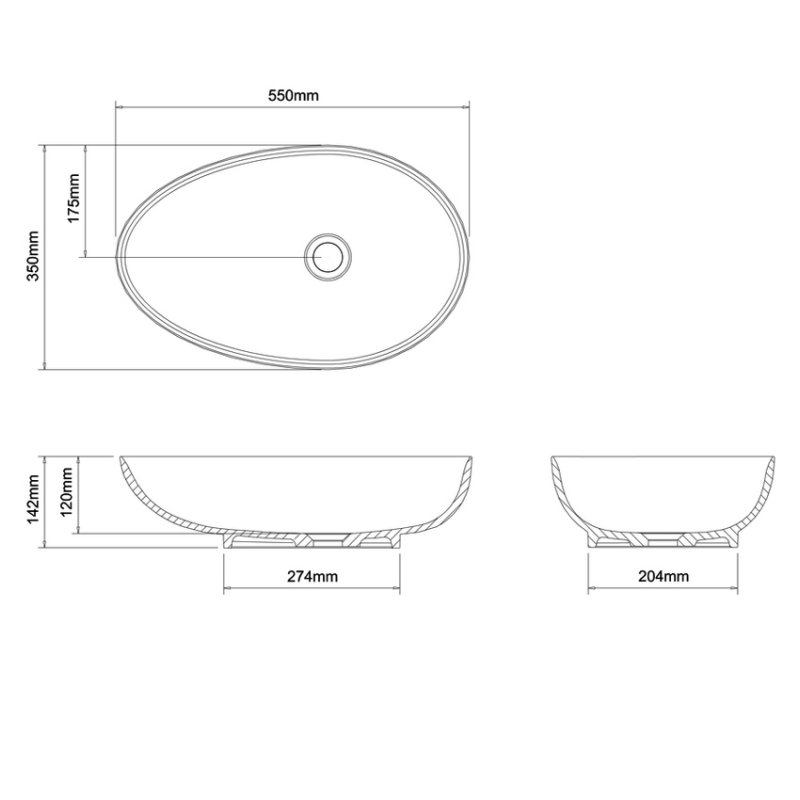 Clearwater 0 Tap Hole Teardrop Clear Stone Sit-On Countertop Basin 550mm Wide - Gloss White - B10ECS