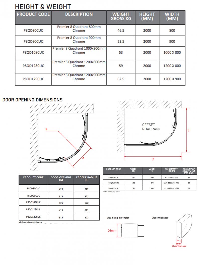 Coram 8mm Plain Glass Premier 8 Chrome 1000mm x 800mm Double Offset Quadrant Shower Enclosure - Clear - P8QD108CUC - 1000mmx2000mmx800mm
