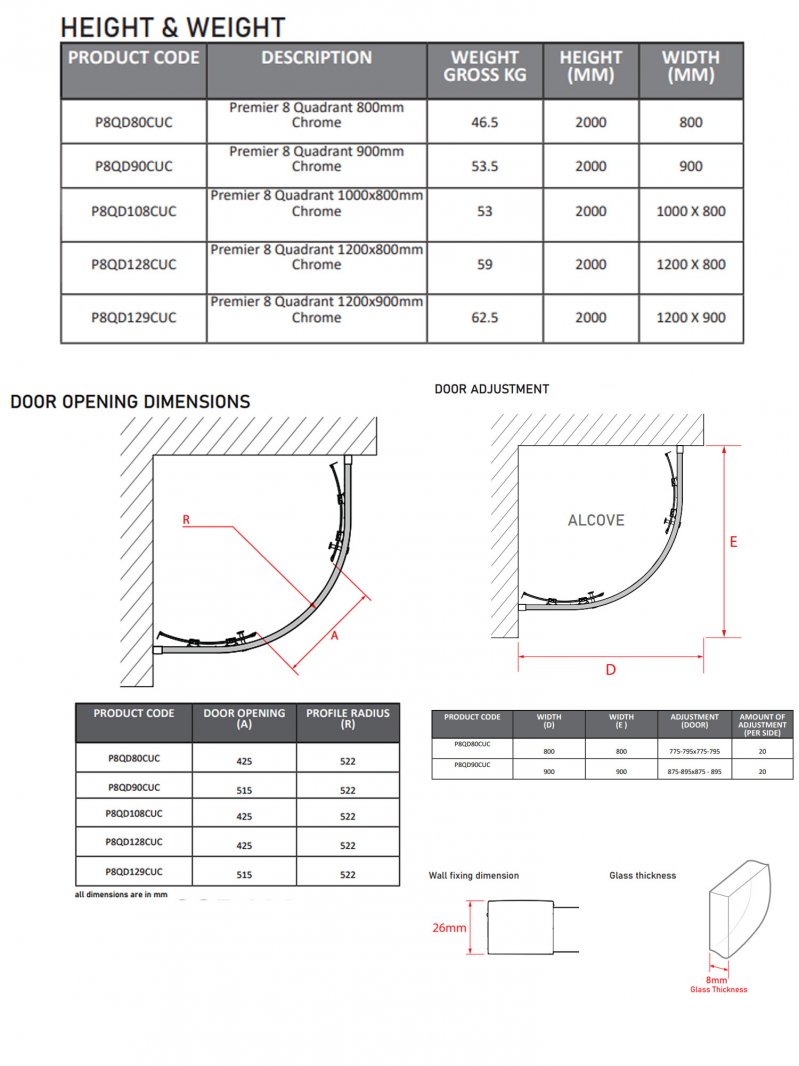 Coram 8mm Plain Glass Premier 8 Chrome 900mm x 900mm Quadrant Shower Enclosure - Clear - P8QD90CUC - 900mmx2000mmx900mm