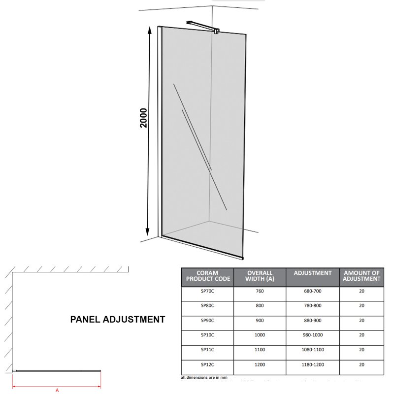 Coram 8mm Glass Premier 8 Wet Room 700mm Wide Glass Panel - Clear - SP70C - 700mmx2000mm