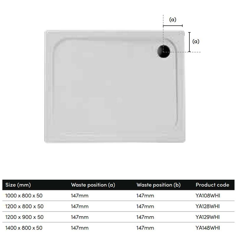 Coram Resin 1000mm x 800mm Rectangular Flat Top Shower Tray - White - YA108WHI - 1000mmx50mmx800mm