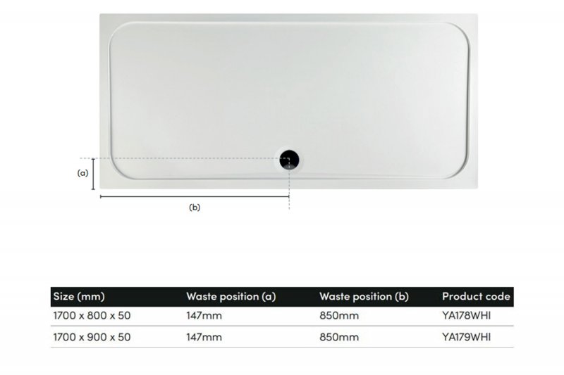 Coram Resin 1700mm x 800mm Flat Top Rectangular Shower Tray - White - YA178WHI - 1700mmx50mmx800mm
