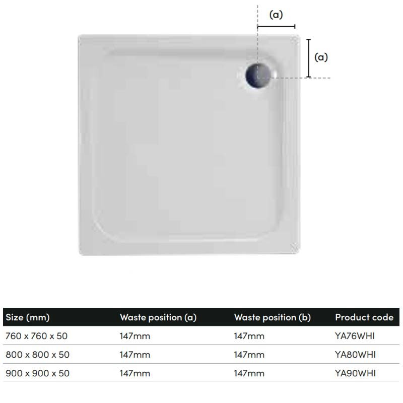 Coram Resin 760mm x 760mm Flat Top Square Shower Tray - White - YA76WHI - 760mmx50mmx760mm