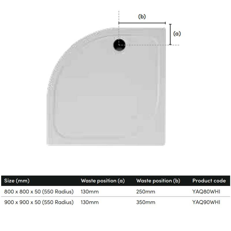 Coram Resin 800mm x 800mm Quadrant Flat Top Shower Tray - White - YAQ80WHI - 800mmx50mmx800mm