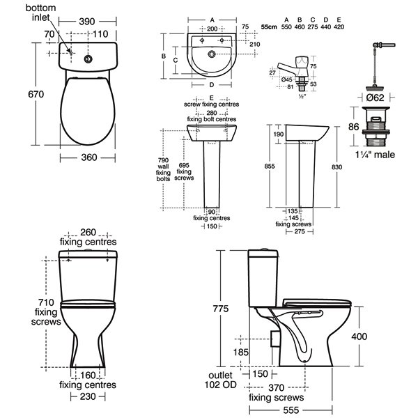 Armitage Shanks Bathroom Suite Sandringham 21 Toilet 550mm 2TH Basin Pillar Taps -E896601 + E896301 + E131601+ E895101 + E897601 + B9865AA + 201243