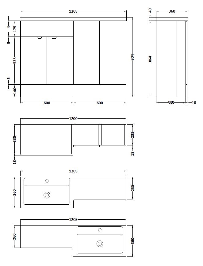 Hudson Reed Fusion 4 Doors RH Combination Unit with 300mm Rectangular Base Unit - 1200mm Wide - Gloss White - CBI112 - 1205mmx904mmx360mm
