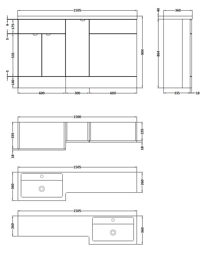 Hudson Reed Fusion 3 Doors LH Combination Unit with 600mm Rectangular WC Unit - 1500mm Wide - Gloss White - CBI113