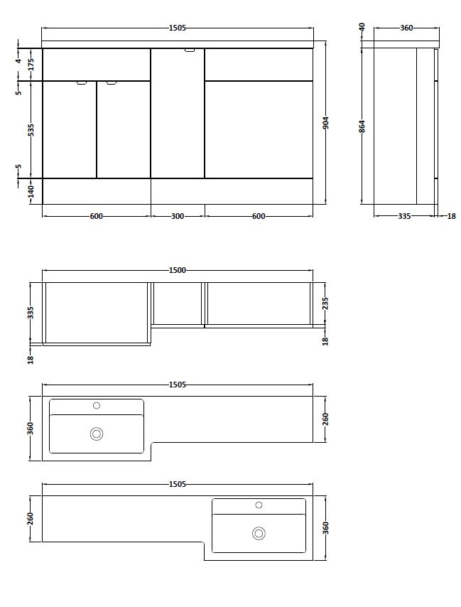 Hudson Reed Fusion 3 Doors RH Combination Unit with 600mm Rectangular WC Unit - 1500mm Wide - Gloss White – CBI114