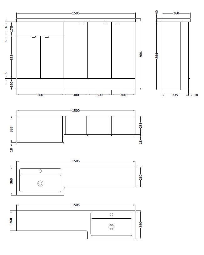 Hudson Reed Fusion 5 Doors LH Combination Unit with 300mm Rectangular Base Unit x 3 - 1500mm Wide - Gloss White - CBI117