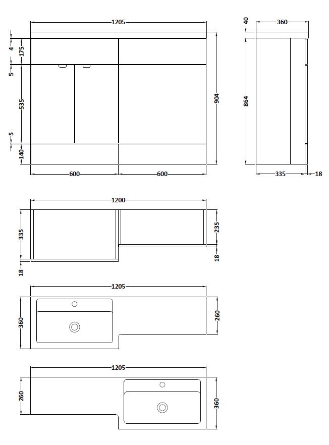 Hudson Reed Fusion 600mm WC Unit With RH 2 Doors Combination Unit1200mm Wide - Gloss Grey Mist - CBI410