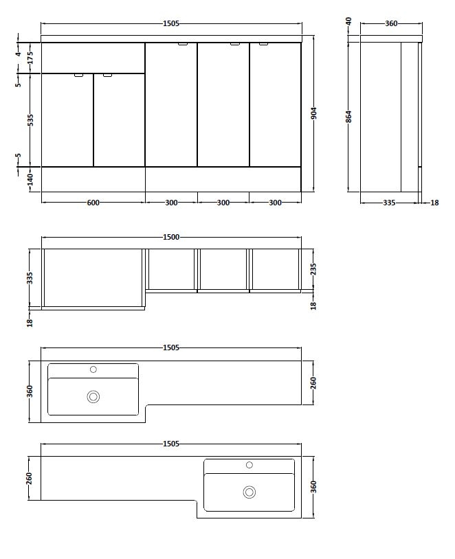 Hudson Reed Fusion RH 5 Doors Combination Unit With 300mm Base Unit x 3 1500mm Wide - Gloss Grey Mist - CBI418