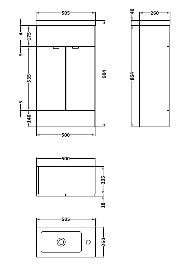 Hudson Reed Fusion Compact 2 Doors Vanity Unit With Rectangular Basin 500mm Wide - Gloss Grey Mist - CBI422