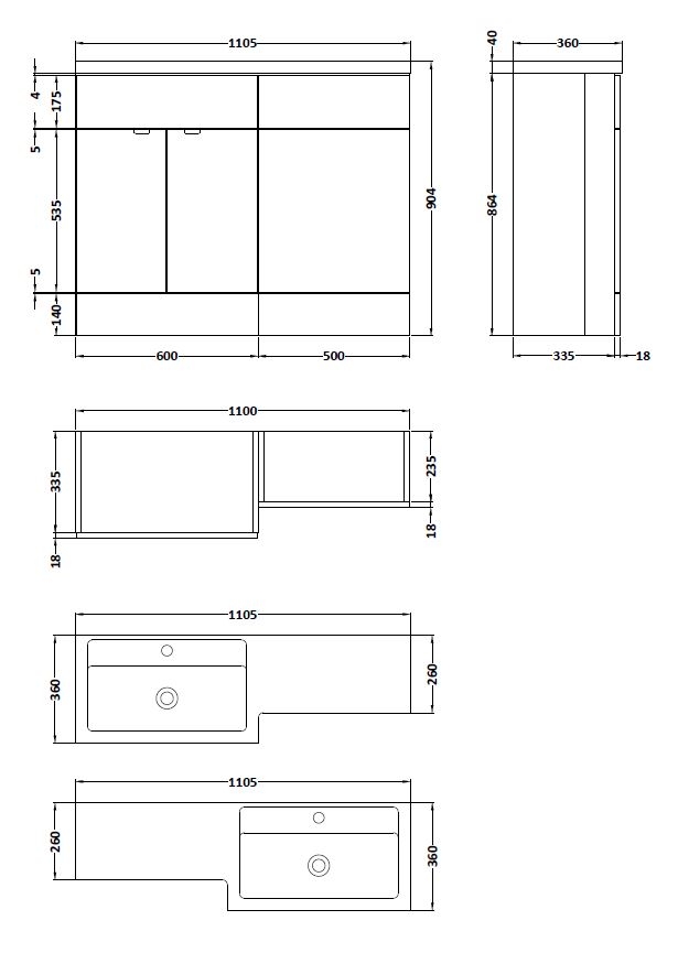 Hudson Reed Fusion 2- Doors LH Combination Unit with Rectangular L Shape Basin 1100mm Wide - Brown Grey Avola - CBI502